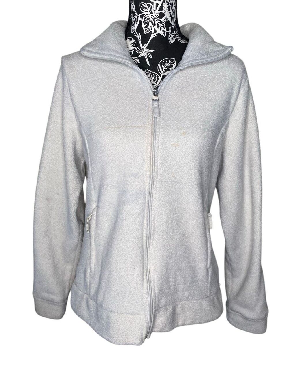 Flawed Merona White Fleece Zip Jacket Womens Large Full Zip Polyester Casual
